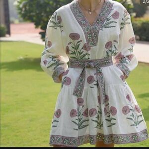 Embroidered Floral V-Neck Belted Mini Dress - White with Pink & Green